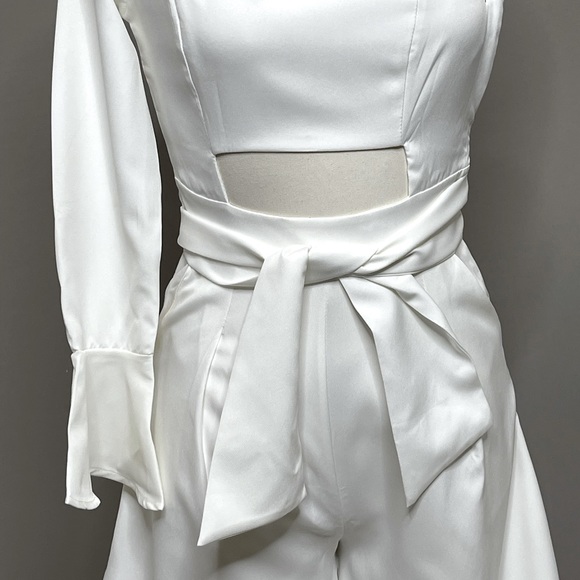 White One Sleeve Wide Leg Jumpsuit with front/back cutout - Picture 2 of 11